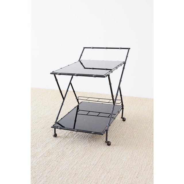 Hollywood Regency Modern Italian Black Faux-Bamboo Rolling Bar Cart For Sale - Image 3 of 13