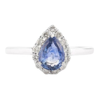 Pear Cut Blue Sapphire Halo Diamond Ring in 14k Gold Size 7 For Sale