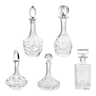 Set of 5 Vintage Crystal Wine Liquor Spirits Decanter Set & Stoppers For Sale
