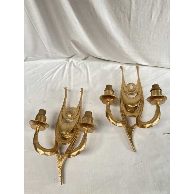 Brutalist Wall Lights in Gold Metal, 1980, Set of 2 For Sale - Image 6 of 6