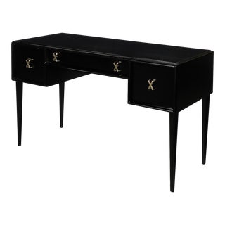 Mid-Century Modernist Ebonized Walnut Desk W/ Brass X Form Pulls by Paul Frankl For Sale