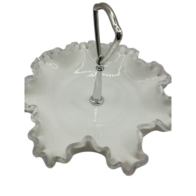 1950’s Fenton Milk Glass Bon Bon Dish With Silver Crest Rim and Metal Handle For Sale - Image 10 of 10