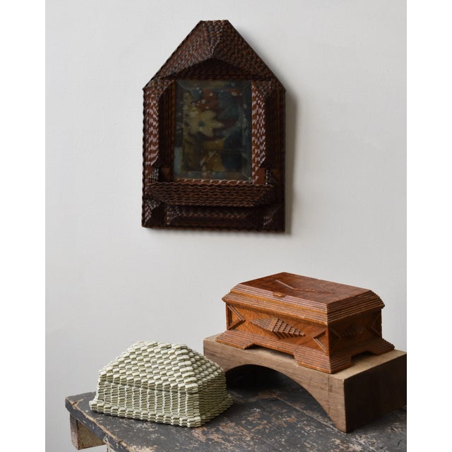 Antique Geometric Chip Carved Wall Pocket / Comb Box With Beveled Glass Mirror, Circa Late 19th Century. An impressive...