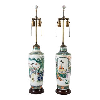 Monumental Late 19th Century Chinese Famille Verte Porcelain Rouleau Vases Set as Lamps Pair For Sale