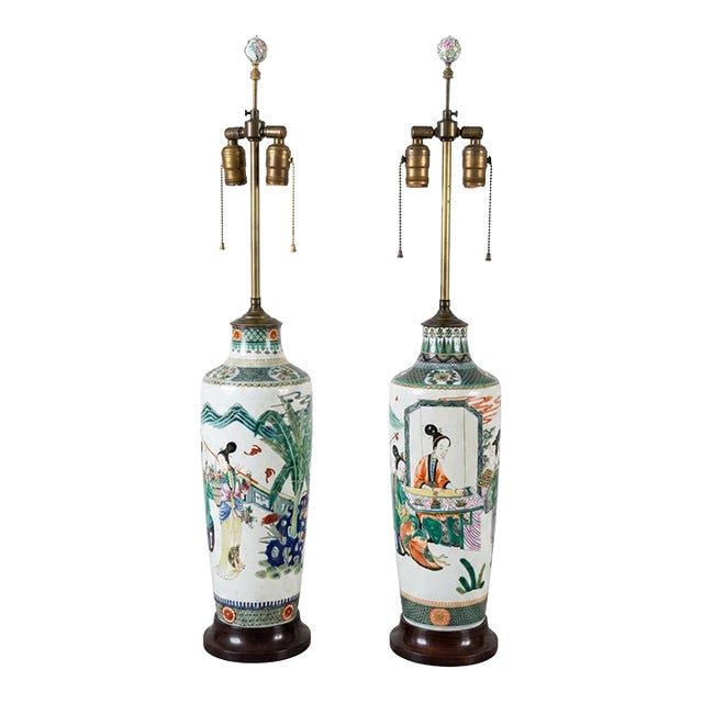 Monumental Late 19th Century Chinese Famille Verte Porcelain Rouleau Vases Set as Lamps Pair For Sale