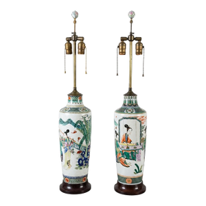 Monumental Late 19th Century Chinese Famille Verte Porcelain Rouleau Vases Set as Lamps Pair