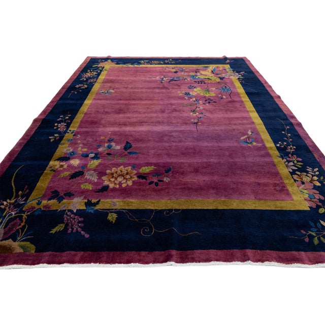 1920s 1920s Antique Chinese Art Deco Rug With Floral Branches in Magenta and Navy Blue For Sale - Image 5 of 13