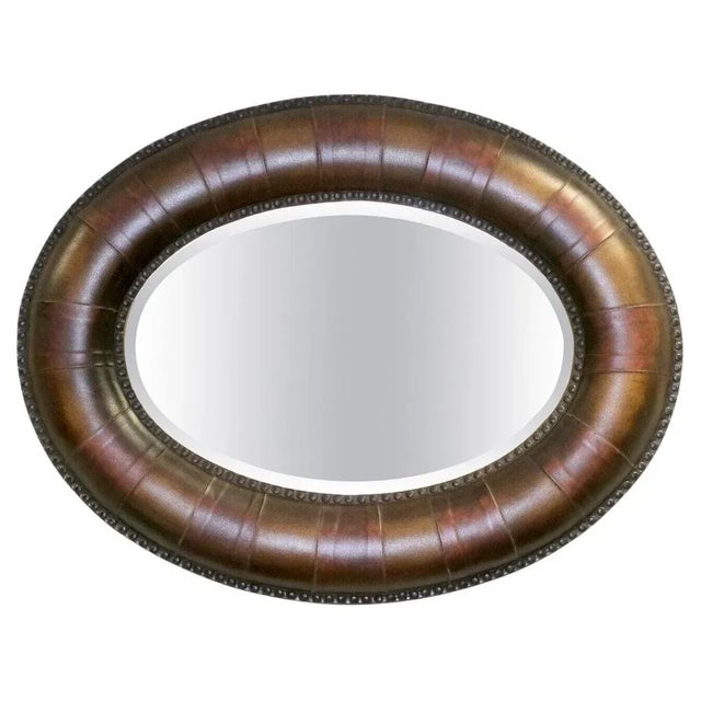 Brown Leather Oval Studded Frame Wall Mirror For Sale - Image 10 of 10