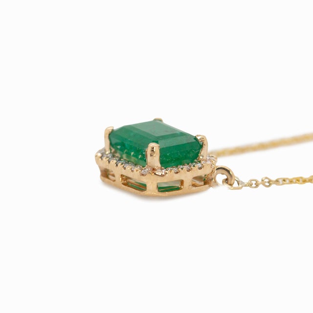 2020s 1.7cts Zambian Emerald Pendant With Natural Diamonds Halo: Solid 14k Gold, 8x6mm For Sale - Image 5 of 9