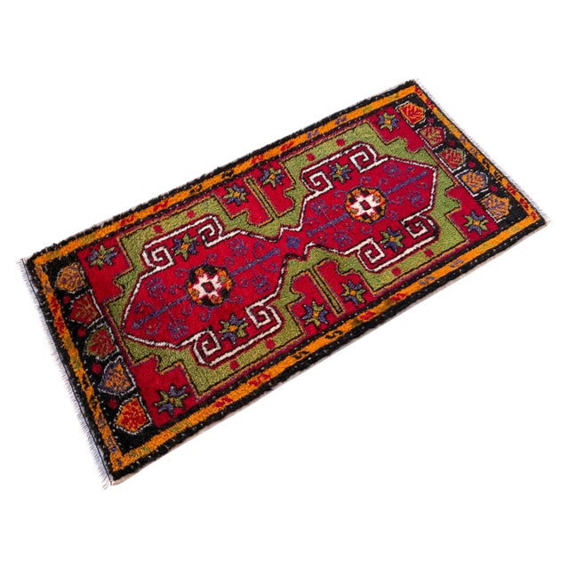 1970s Hand Made Turkish Mat Rug Colorful Small Rug Kitchen Mat Organic Wool - 1'8" X 3'5" For Sale - Image 6 of 11