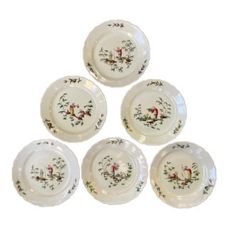 Antique 19th Century Veuve Perrin French Tin Glaze Faience Pottery Dinner Plates in the Chinoiserie Taste - Set of 6 For Sale