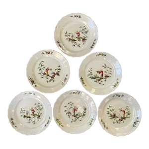 Antique 19th Century Veuve Perrin French Tin Glaze Faience Pottery Dinner Plates in the Chinoiserie Taste - Set of 6