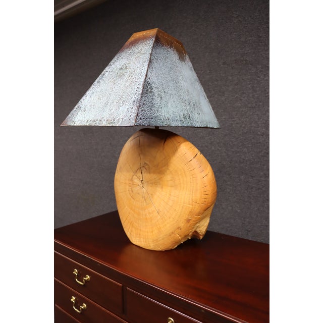 Mid 20th Century Mid Century Modern Oversized Live Edge Wood Table Lamp With Patinated Copper Shade For Sale - Image 11 of 12