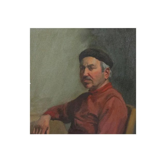 Mid Century Oil Painting on Canvas Portrait of a Seated Man, Artist Signed and Dated 1969 For Sale - Image 4 of 11