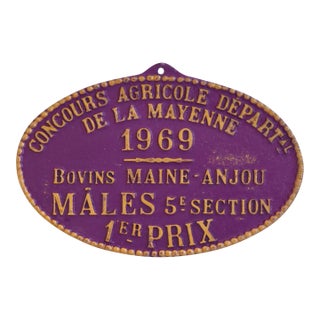 Lavender & Gold Vintage 1969 French Agricultural Farm Animal Show Prize Award Trophy Plaque For Sale