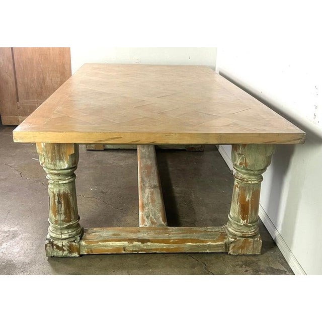 1900 - 1909 Rustic Painted Dining Table W/ Herringbone Pattern Top For Sale - Image 5 of 11
