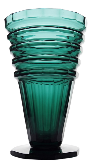 Large Antique Art Deco Vase in Cut Emerald Crystal, Bohemia, 1920s