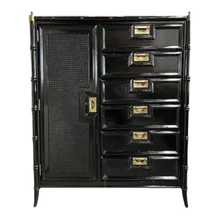 1960s Lacquered 6 Drawer 1 Door Stanley Furniture Vintage Bamboo Style Tallboy For Sale