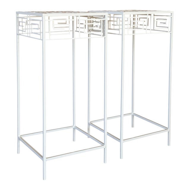 Pair of Vintage Coastal Regency Greek Key Plant Stands For Sale