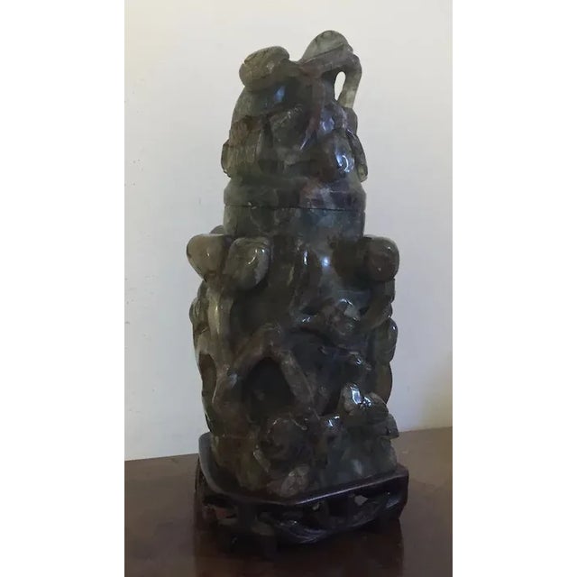 Chinese Antique 19th Century Chinese Carved Green Quartz Urn Vase and Cover with Custom Wood Stand For Sale - Image 3 of 13
