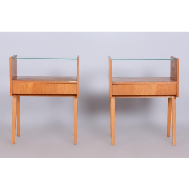 Brown Mid-Century Modern Bedside Tables in Oak and Glass, 1950s, Set of 2 For Sale - Image 8 of 11