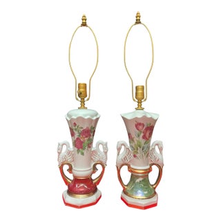 Mid-Century Floral Swan Handle Porcelain Table Lamps - A Pair For Sale