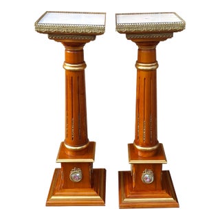 Pair Mahogany and Gilt Decorated Galleried Marble Top Pedestals by Francesco Meroni For Sale
