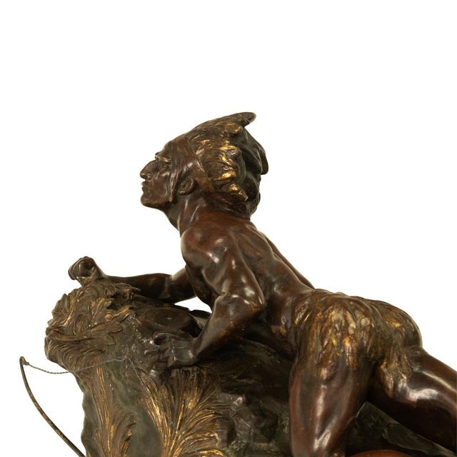 Antique French Art Deco Bronze Sculpture Native American Indian Hunter Scout by René-André Varnier, Circa 1920 For Sale - Image 16 of 18