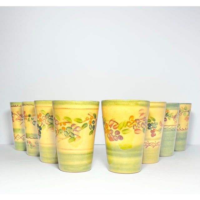 Terre e Provence 8 Yellow & Green Ceramic Tumbler Drinking Glasses 5” 14oz Excellent condition. No chips, cracks, or...