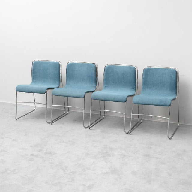 1970s Metal and Blue Fabric Chairs, 1970s, Set of 4 For Sale - Image 5 of 12