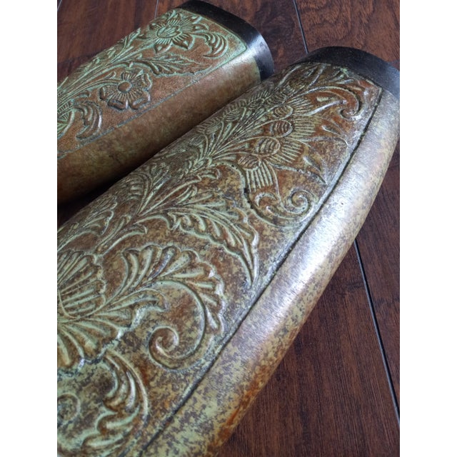 Vintage Floral Engraved Metal Brown/Green/ Black Vases, Made in India - Set of Two For Sale In Raleigh - Image 6 of 8