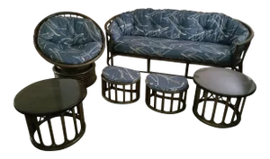 Ficks & Reed Style Crescent Sofa Rattan Pecan Patio Bamboo Chair Stool Papasan Set - 6 Pcs