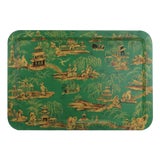 Vintage Hand Painted Chinoiserie Tole Tray Emerald Green and Gold Lacquer Rectangular Serving Tray For Sale