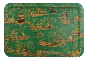 Vintage Hand Painted Chinoiserie Tole Tray Emerald Green and Gold Lacquer Rectangular Serving Tray