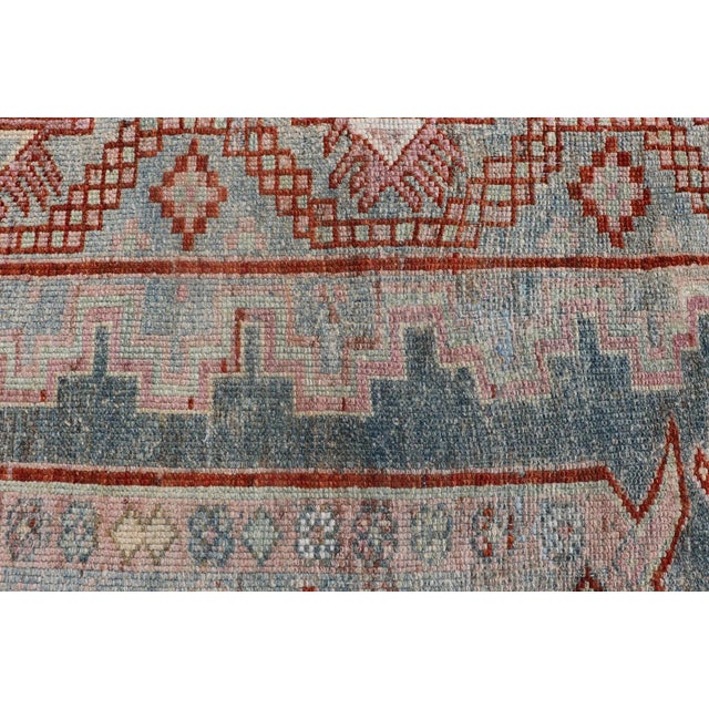 Teal Persian Kurdish Antique Rug With Tribal Design in Light Blue, Teal, Taupe & Red 4'6"x5'10" For Sale - Image 8 of 10