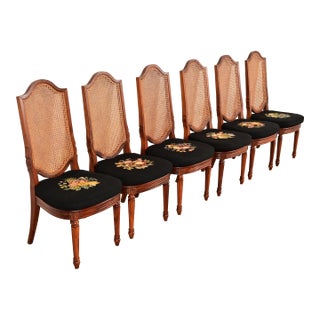 Karges Style French Regency Louis XVI Carved Solid Teak and Cane Back Dining Chairs, Set of Six For Sale