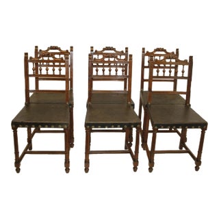 1890 French Renaissance Antique Walnut Carved Dining Chairs Original Leather - Set of 6 For Sale