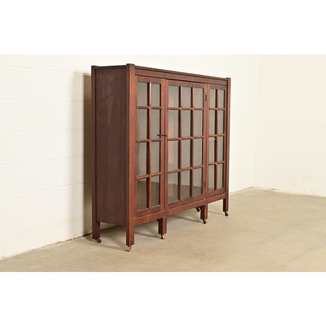 Charles Limbert Stickley Brothers Style Antique Mission Oak Arts & Crafts Glass Front Triple Bookcase, Circa 1910 For Sale - Image 4 of 11
