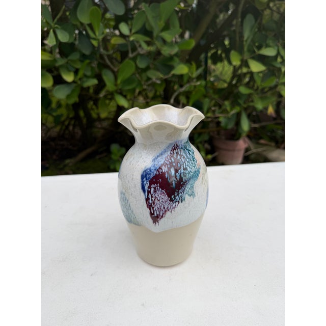 Vintage 8” Studio Pottery Ruffled Rim Drip Glaze Art Vase For Sale - Image 4 of 11