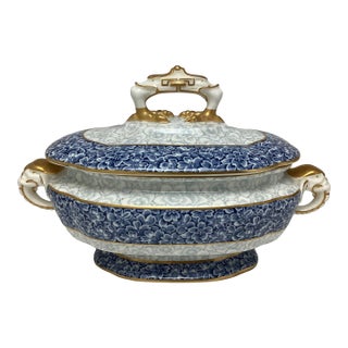 Antique Royal Worcester Blue White and Gold Sauce Tureen With Elephant Handles For Sale