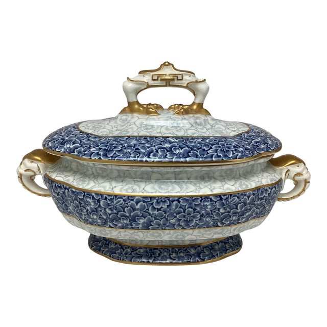 Antique Royal Worcester Blue White and Gold Sauce Tureen With Elephant Handles For Sale
