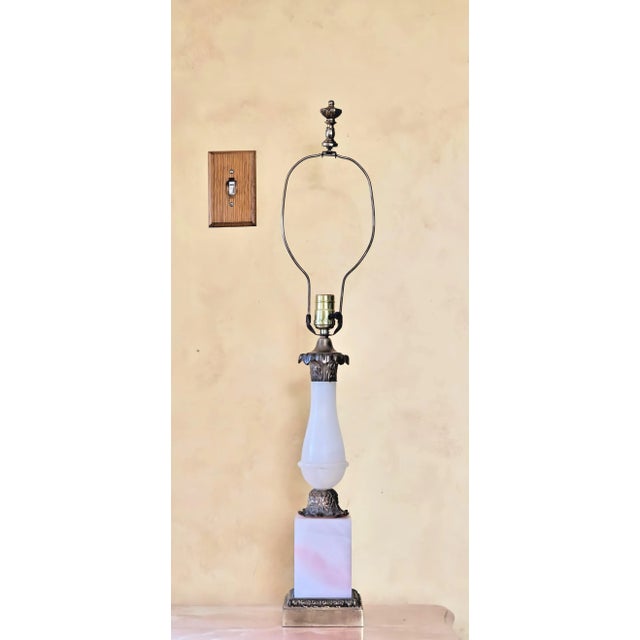 Mid-Century Art Deco Pink Alabaster, Marble and Brass Table Lamp With Shade For Sale - Image 10 of 12