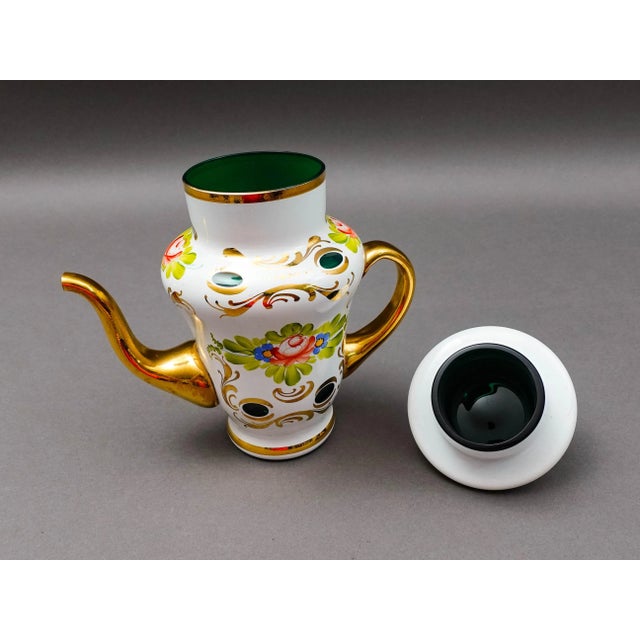 White Mid 20th Century Bohemian Czech White Cut to Green Cased Gold Gilt Hand Painted Floral Teapot For Sale - Image 8 of 10