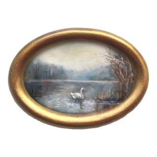 Framed Original Painting Landscape With Swan Antique Decor by Valeriya Serova For Sale