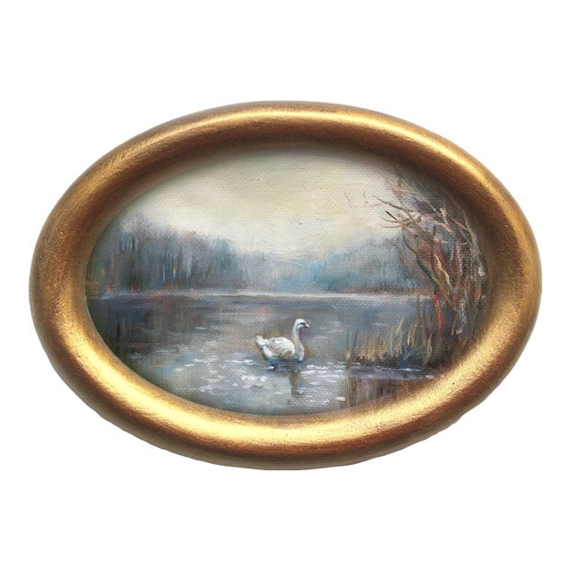 Framed Original Painting Landscape With Swan Antique Decor by Valeriya Serova For Sale