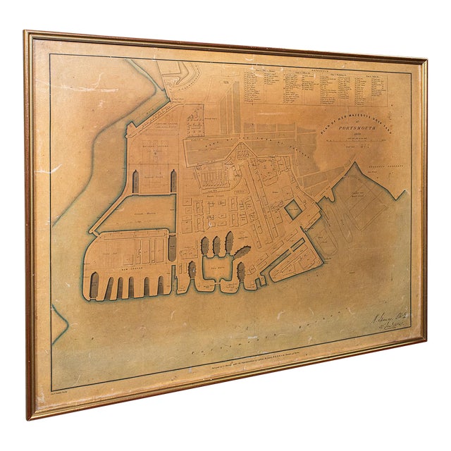 Antique Town Plan, Portsmouth Dockyard, English, Framed Cartography, Victorian For Sale