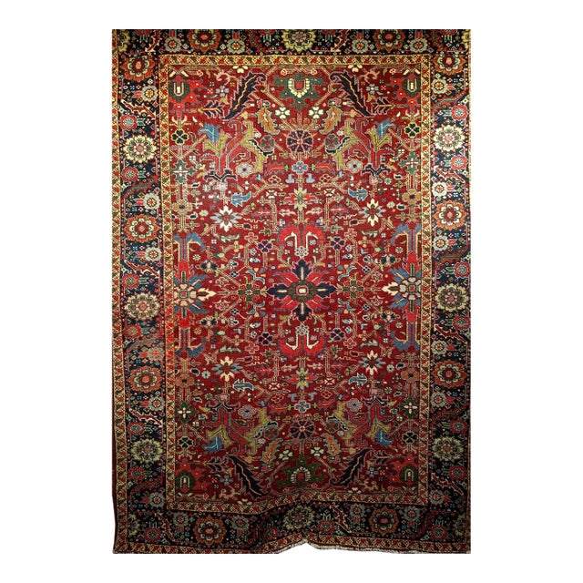 Vintage Persian Heriz Serapi Rug, Hand-Knotted Wool, All-Over Geometric Pattern, Red & Navy, 7x10 For Sale