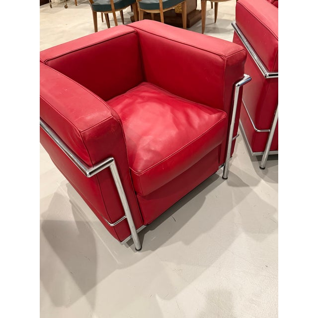 Le Corbusier Chrome and Red Leather Club Chairs in the Style of Le Corbusier - A Pair For Sale - Image 4 of 14