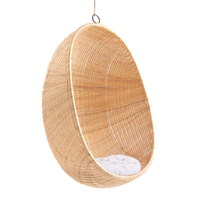 Hanging Rattan Egg Chair With Tufted Seat Cushion, Natural Color Chairish