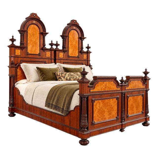 19th Century Italian Renaissance Revival Mahogany and Birdseye Maple Bed, 1980s For Sale